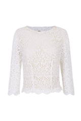 Blusentop mit halben Arm und Rückwertigen Reißverschluss aus naturweißer Macramée Spitze mit Paisley Muster