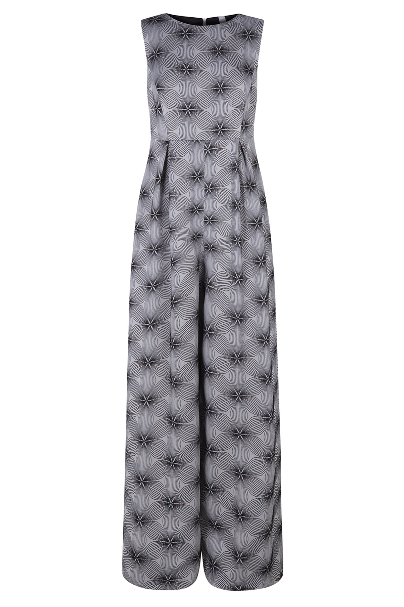 Hosenkleid ohne Arm in floralem Viskose Jacquard in grau schwarz