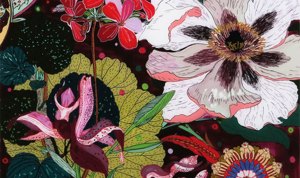naive florale plakative Motive auf dunklem Grund gemalt mit hinter Glas Maltechnik von Künstlerin Maja Ott
