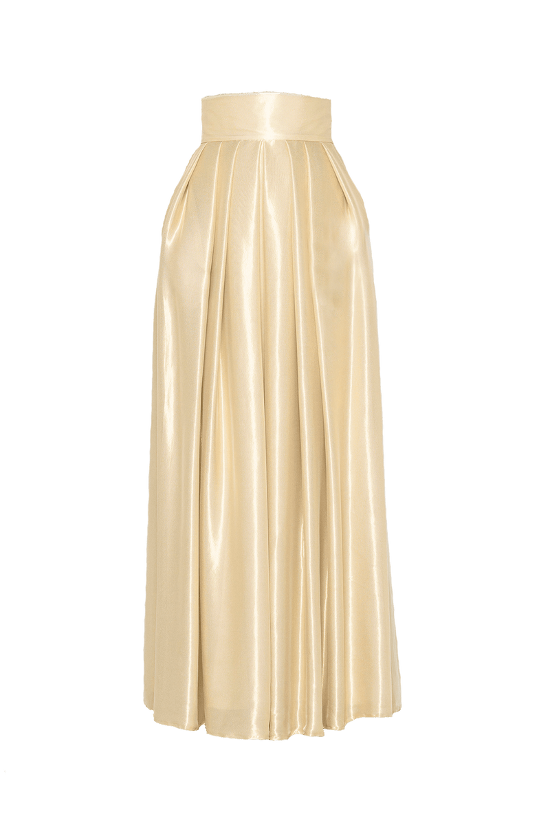 Faltenrock mit hoher Taille und sehr breitem Bund in Maxi Länge aus gold schimmernder feiner Seide