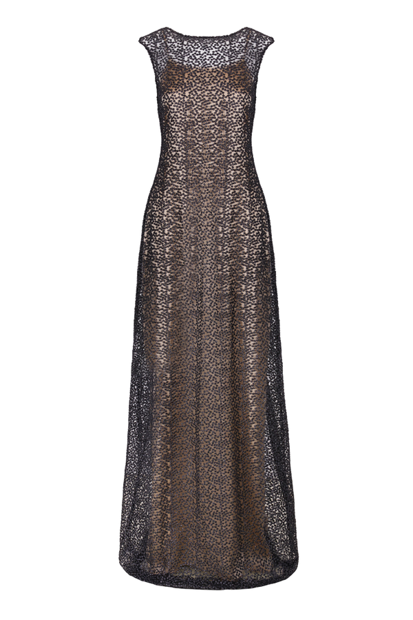 bodenlanges silber schwarzes Spitzenkleid mit separat auswechselbaren Slip Dress aus goldenem Strech Satin
