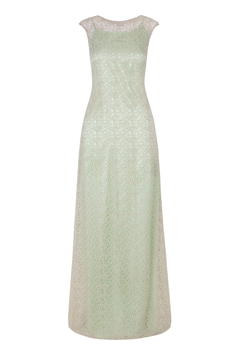 bodenlanges silber schwarzes Spitzenkleid mit separat auswechselbaren Slip Dress aus pistazien grünen Strech Satin