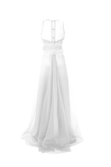 Rückenansicht mit Cut Outs des weichfallenden Brautkleid der Extraklasse aus Seidenorganza und Seidensatin in Lichtgrau