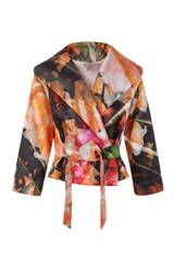 leichte Jacke mit Bindegürtel und Tulpenkragen aus Duchesse mit Motiv Azalea der Art Edition